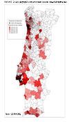 Gráfico 43 - Distribuição geográfica dos alojamentos cablados e densidade populacional