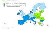 Mapa dos estados-membros na Europa demonstrando onde existe a liberalização (Estónia, Holanda, Alemanha, Reino Unido, Suécia e Finlândia), e onde se vai optar por liberalizar para além do estipulado na Directiva postal 2008/6/CE alguns serviços.